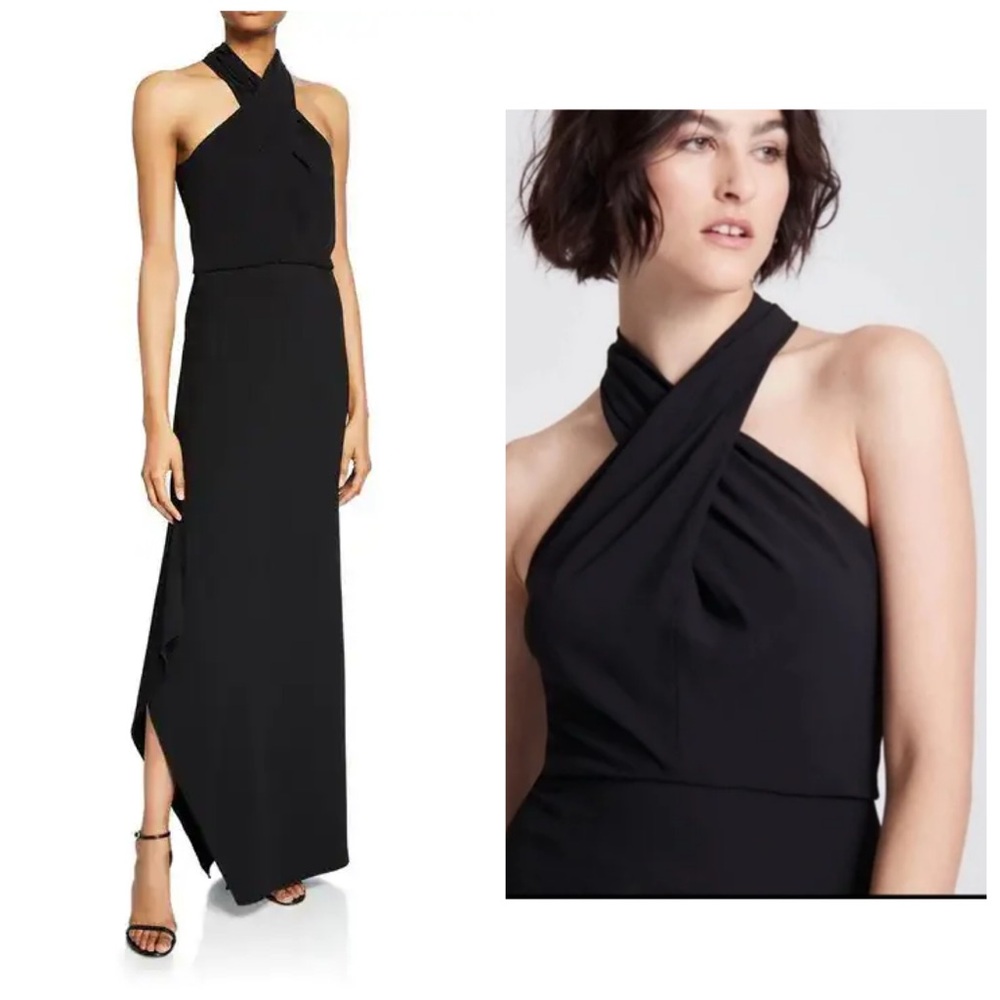 Halston Heritage Cross Neck Crepe Gown Maxi Dress 2 Black